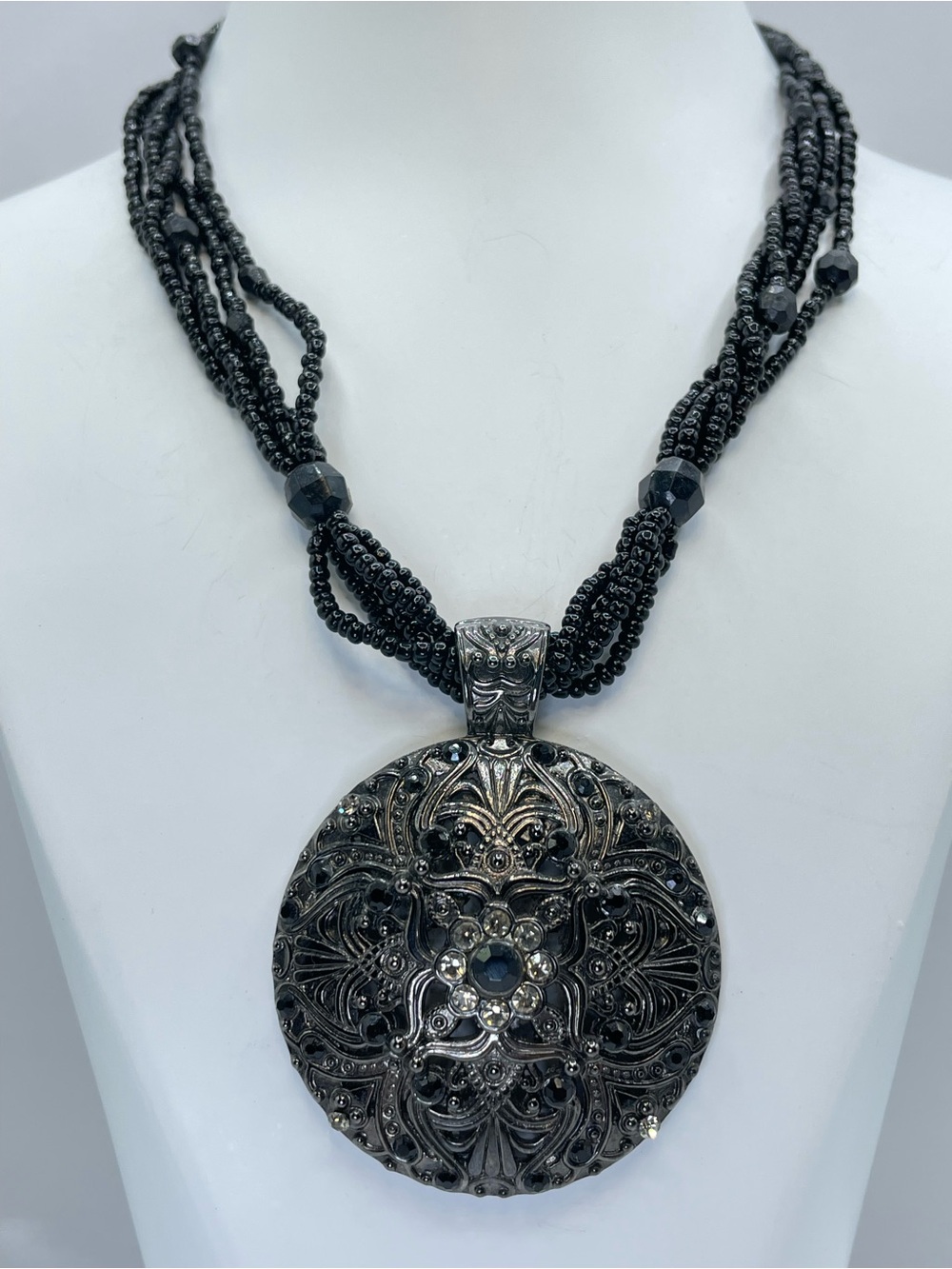 Black Multi Strand Seed Bead Statement Necklace Large Crystal Medallion Boho